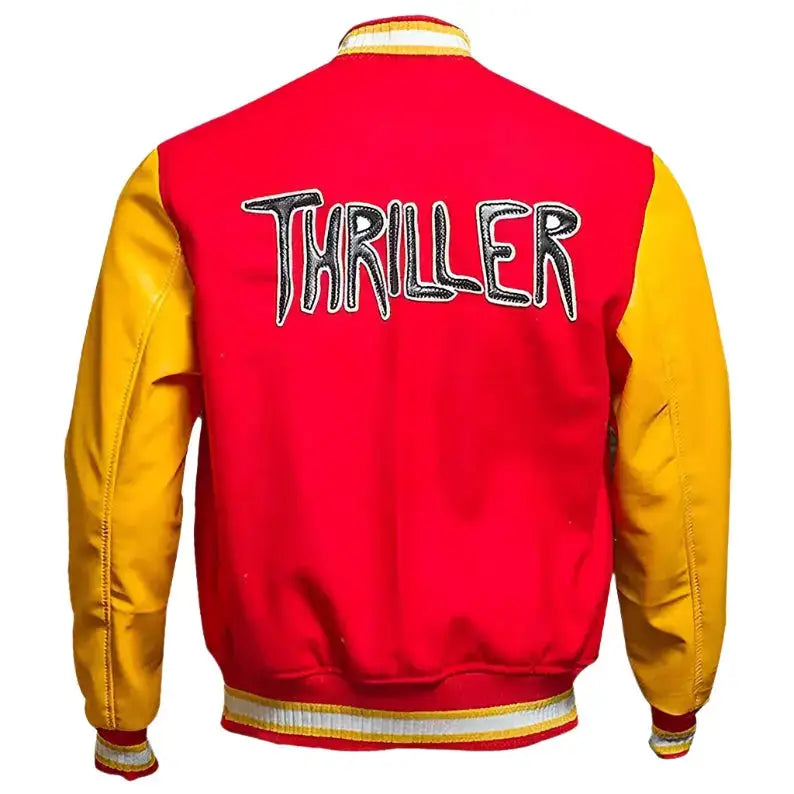 Men's MJ Michael Jackson Thriller Varsity Bomber Jacket – Red M Patch-1