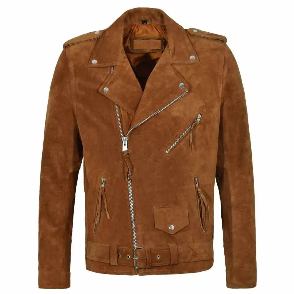 Men's Native American Brown Suede Fringe Biker Jacket-0