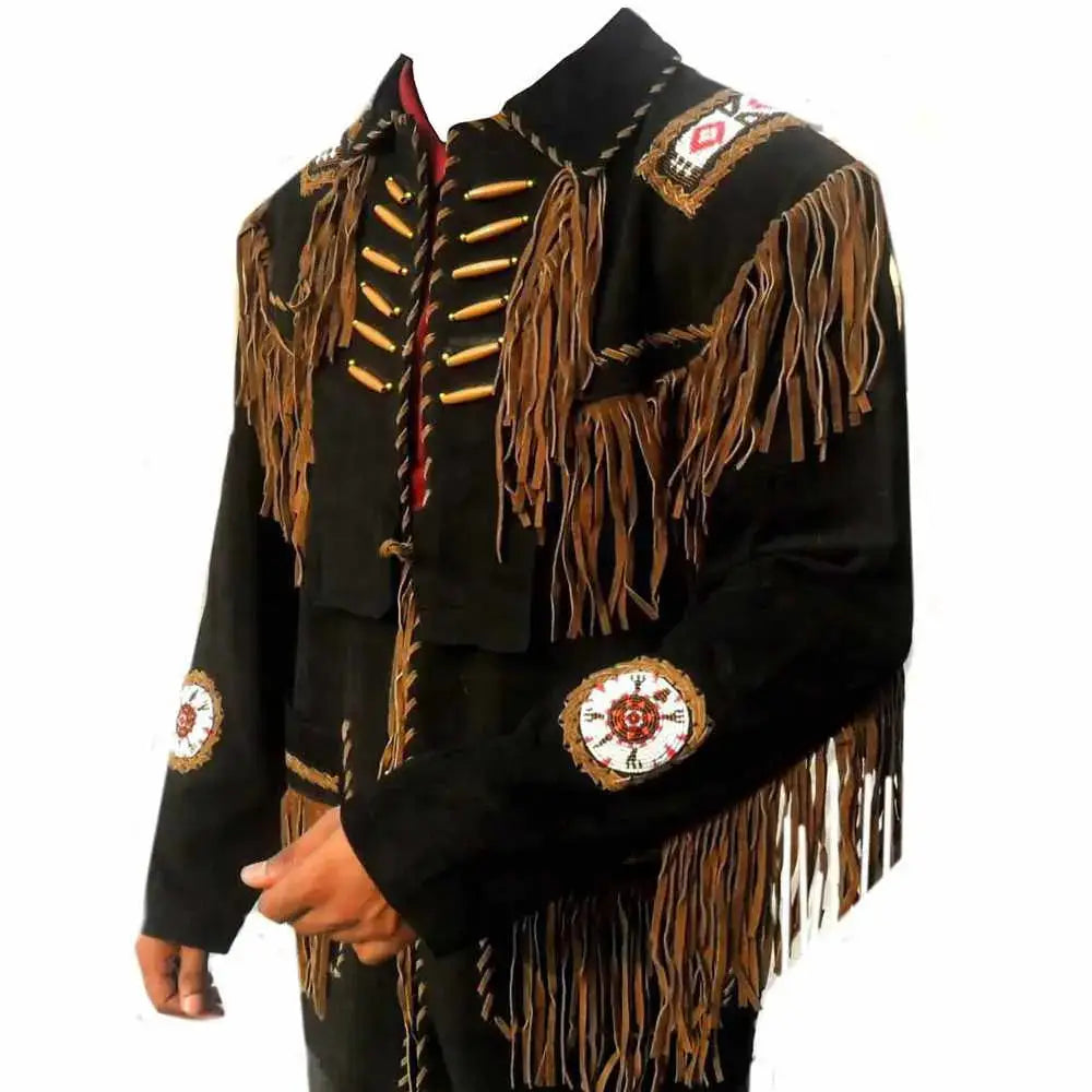 Men's Native American Black Suede Western Fringe Jacket-0