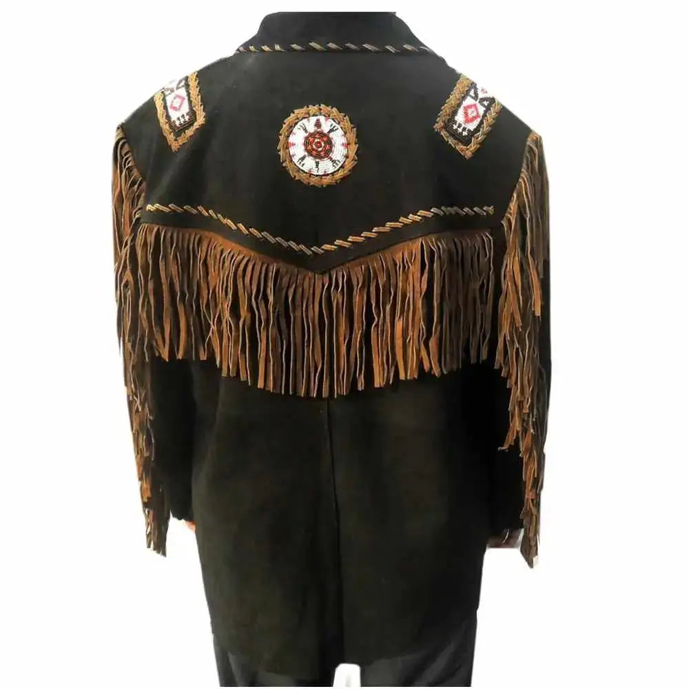 Men's Native American Black Suede Western Fringe Jacket-2