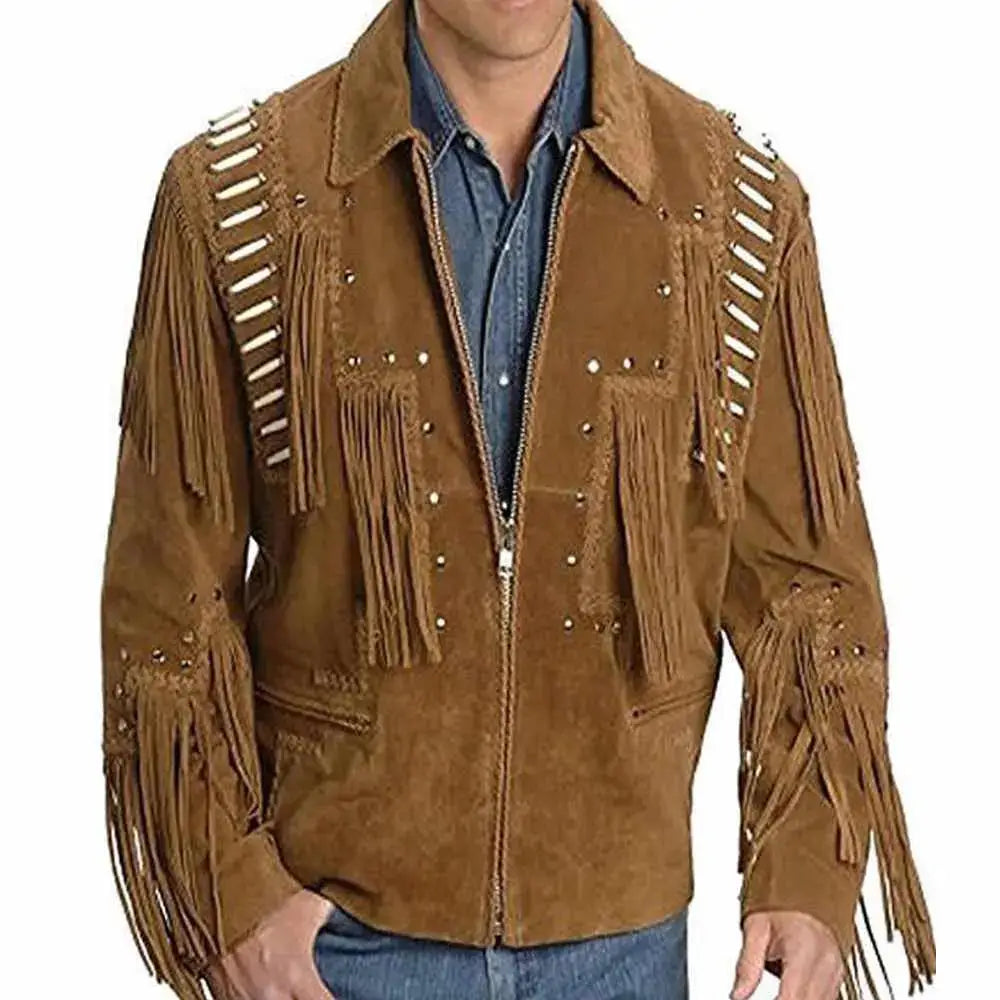 Men's Native American Tan Suede Western Jacket with Bones & Beads-0
