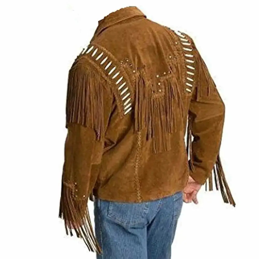 Men's Native American Tan Suede Western Jacket with Bones & Beads-1