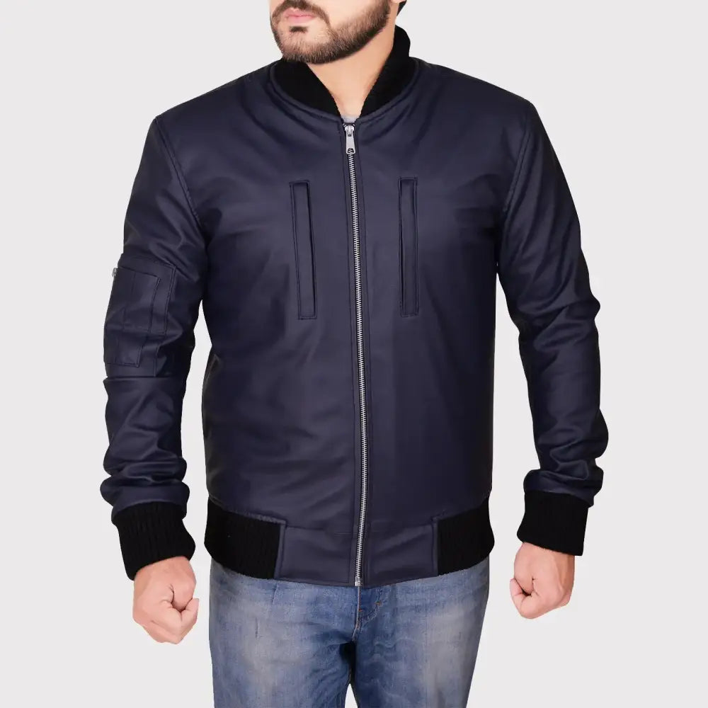 Men's Navy Blue Leather Varsity Jacket-0