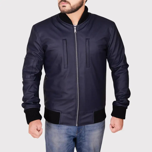 Men's Navy Blue Leather Varsity Jacket-0