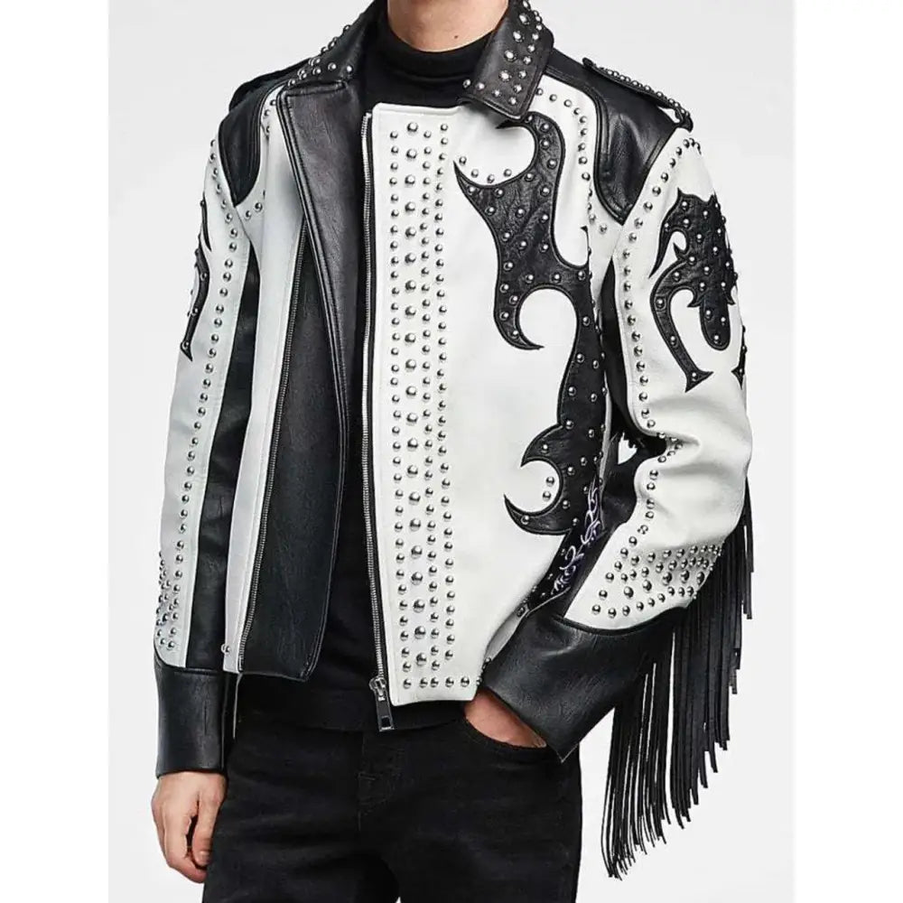 Men's Black & White Studded Cowboy Leather Jacket-0