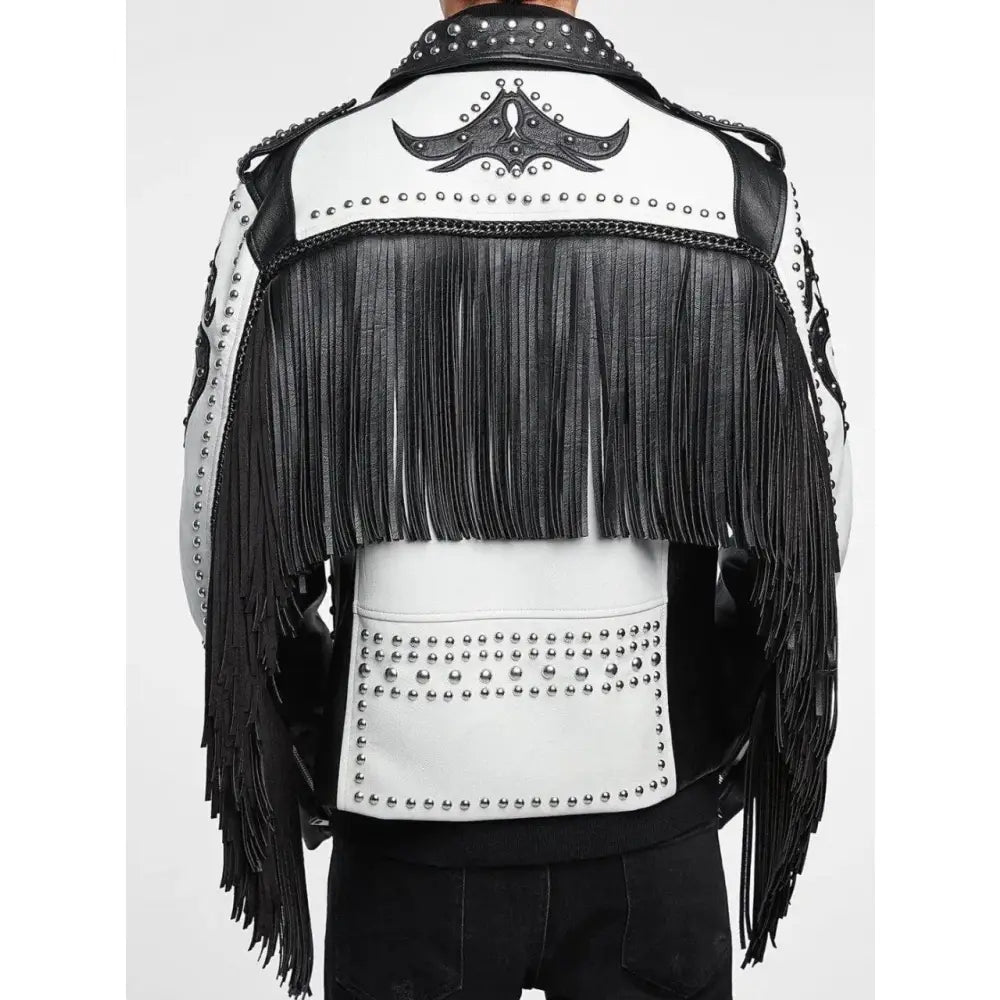 Men's Black & White Studded Cowboy Leather Jacket-1