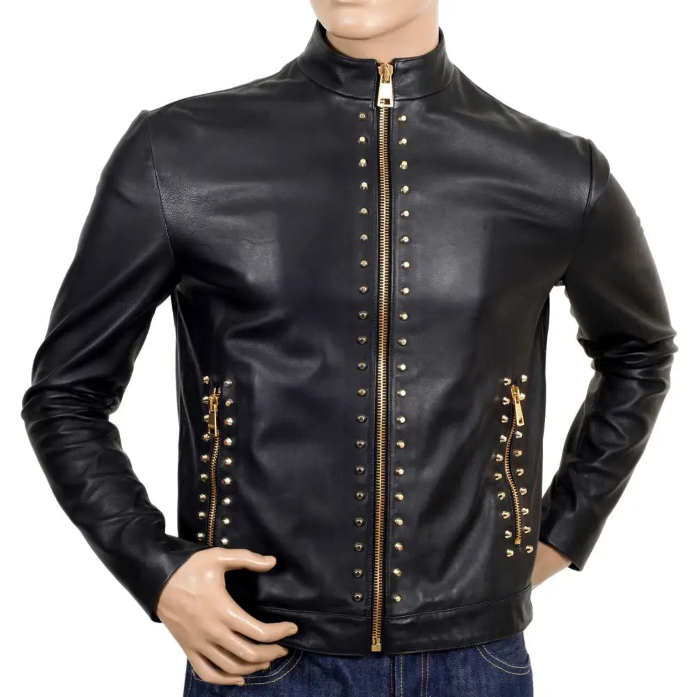 Men’s Top Soft Cowhide Studded Leather Jacket-0