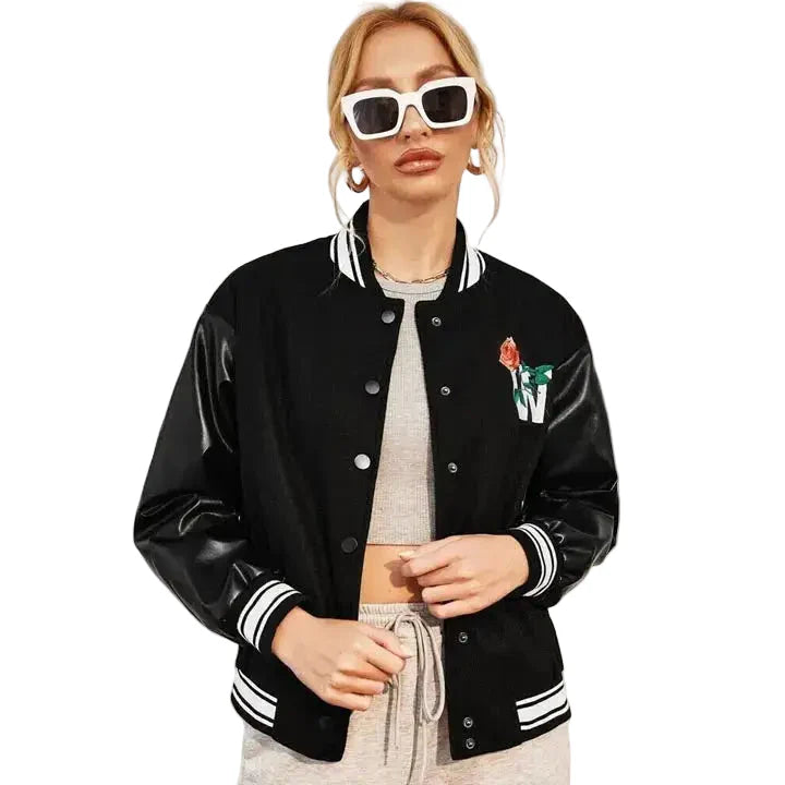 Women's Black Bomber Varsity Jacket-0