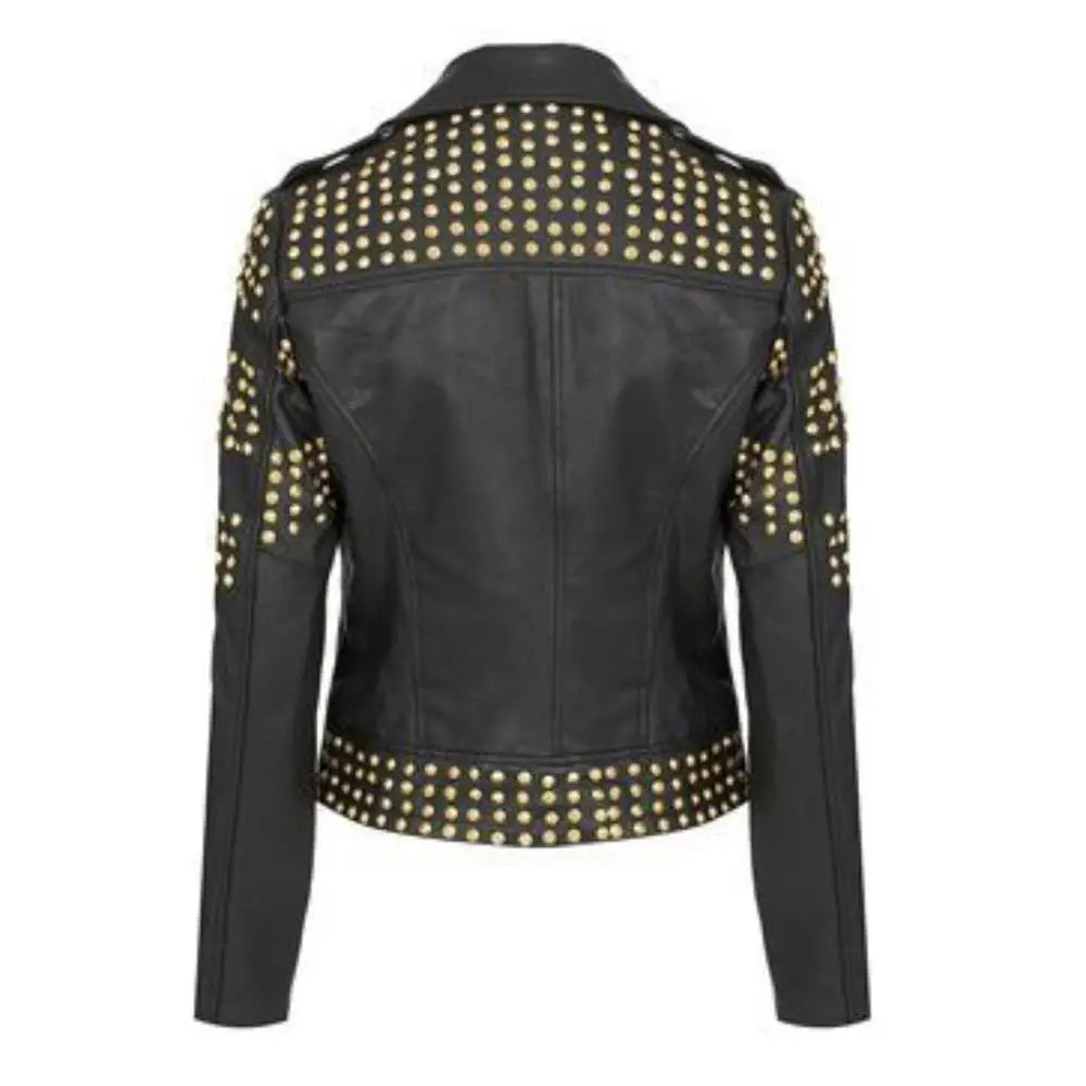Women’s Pure Golden Half-Studded Black Brando Style Leather Jacket-1