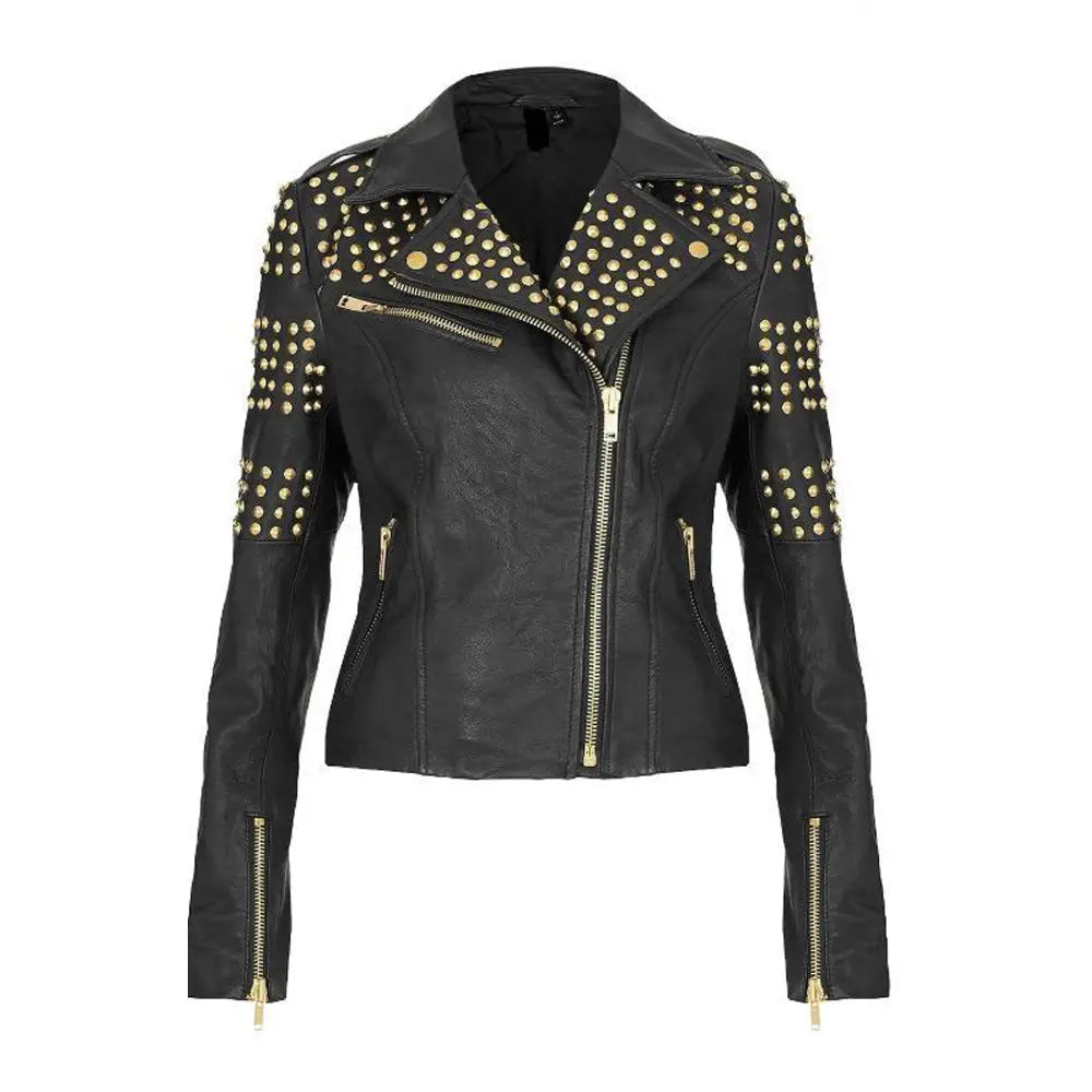Women’s Pure Golden Half-Studded Black Brando Style Leather Jacket-0