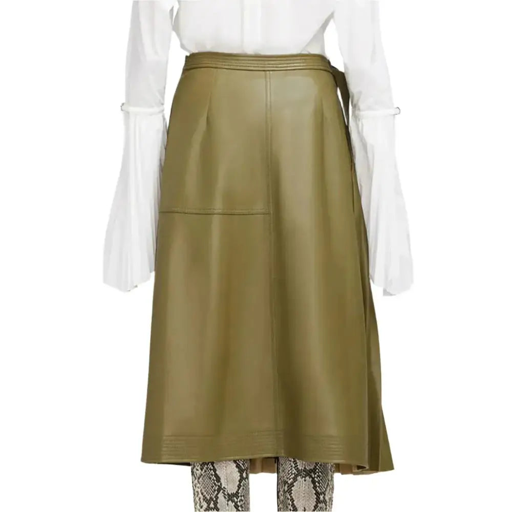 Women's Olive Green Wrap-Style Midi Leather Skirt-1