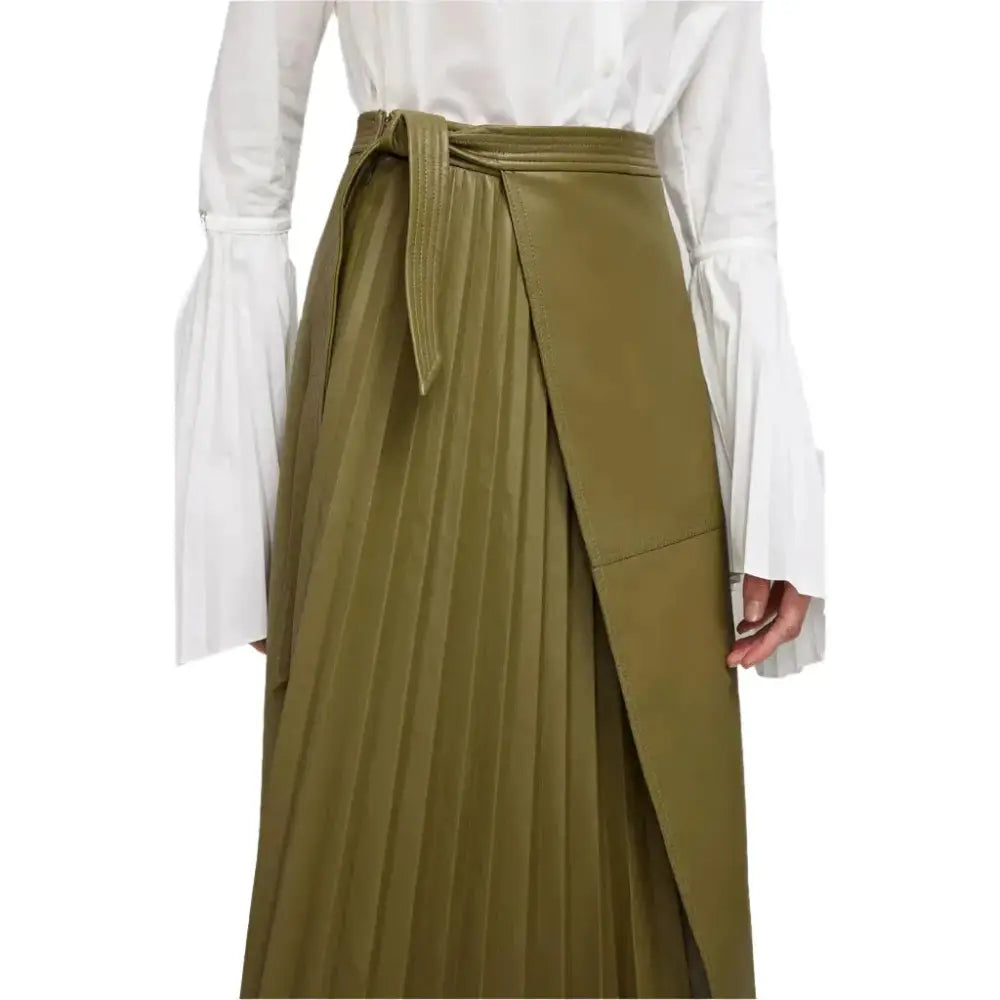 Women's Olive Green Wrap-Style Midi Leather Skirt-0