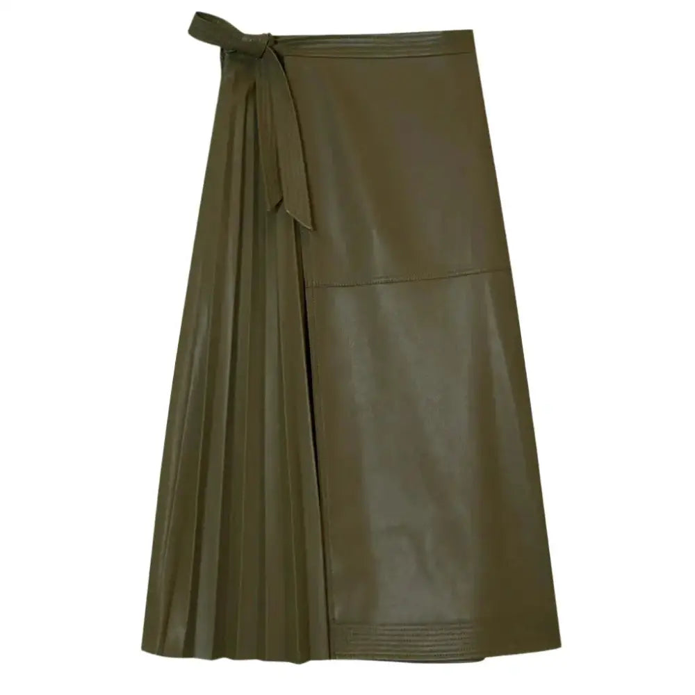 Women's Olive Green Wrap-Style Midi Leather Skirt-2