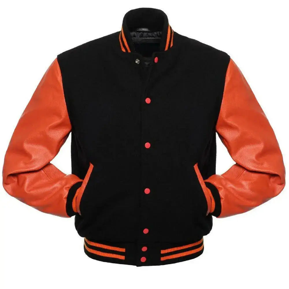 Men's Orange and Black Varsity Leather Jacket-1