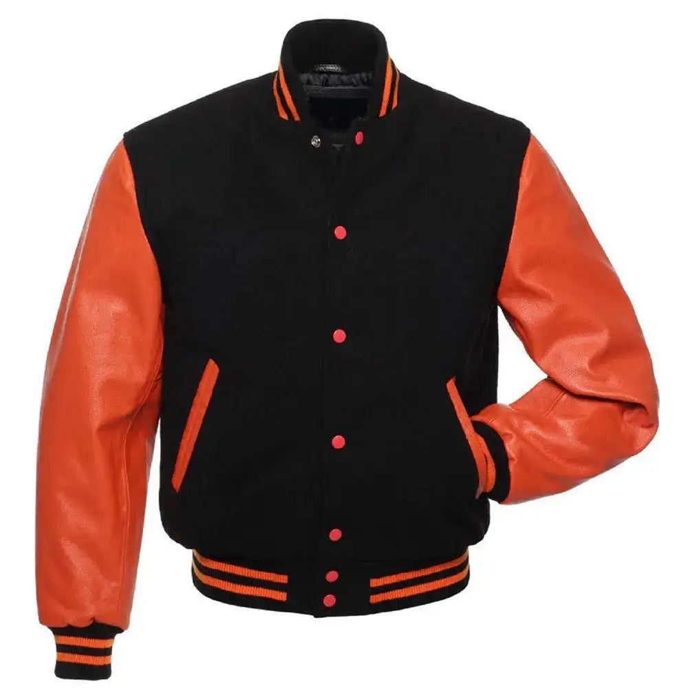 Men's Orange and Black Varsity Leather Jacket-0