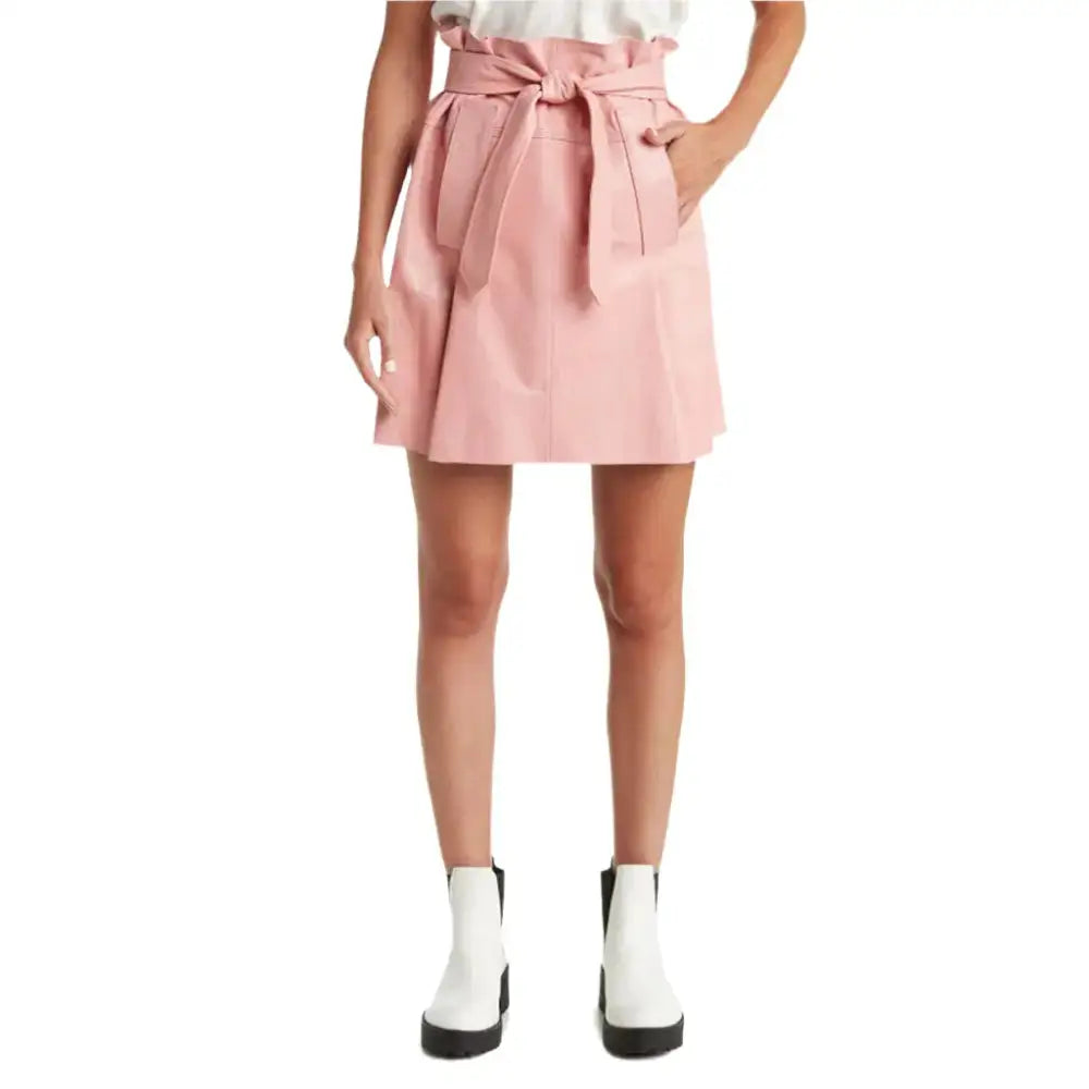 Women's Pastel Pink Belted Mini Leather Skirt-0