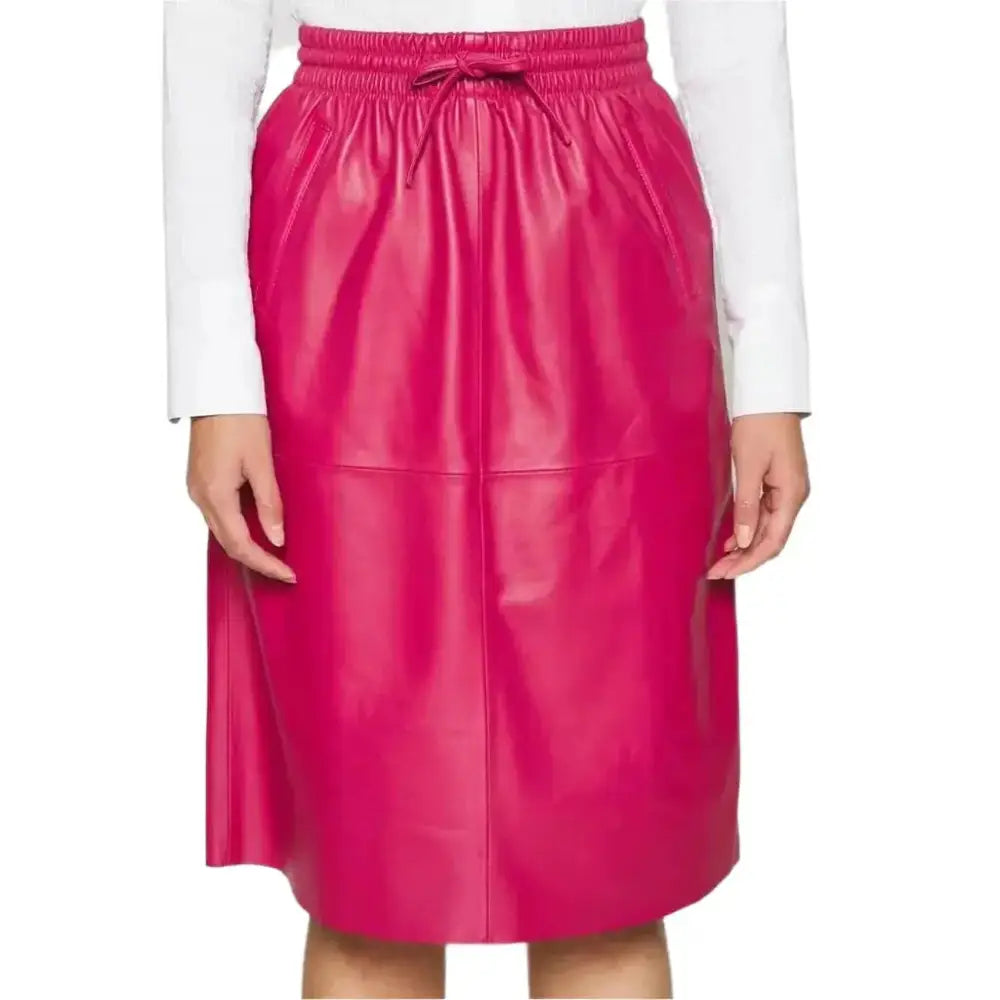 Women's Pink Midi Leather Skirt-2