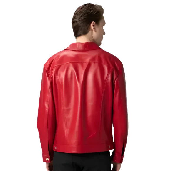 Men's Premium Red Lambskin Leather Trucker Jacket-1