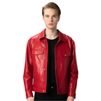 Men's Premium Red Lambskin Leather Trucker Jacket-0