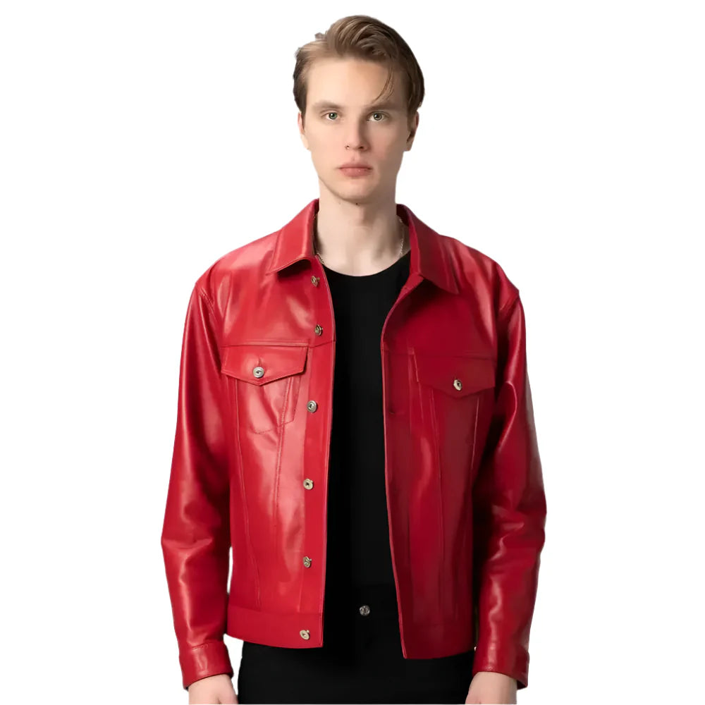 Men's Premium Red Lambskin Leather Trucker Jacket-0