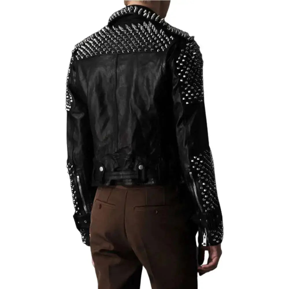 Men’s Punk Studded Genuine Leather Jacket with Silver Spikes-2