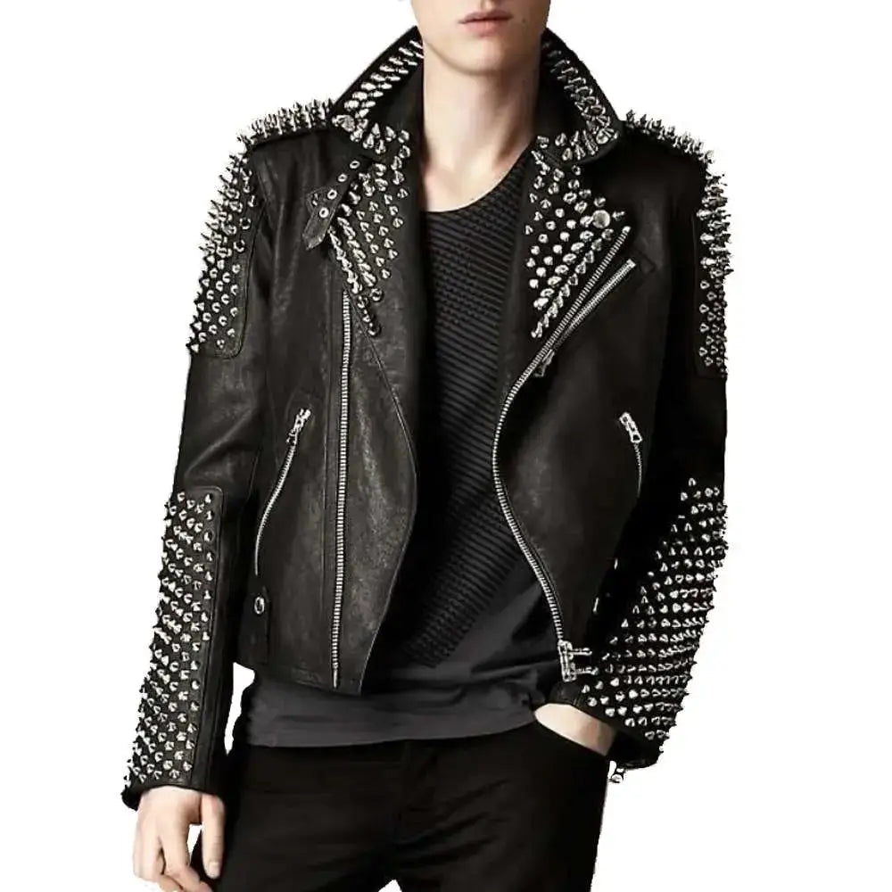 Men’s Punk Studded Genuine Leather Jacket with Silver Spikes-0