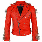 Unisex Punk Red Studded Leather Biker Jacket-0