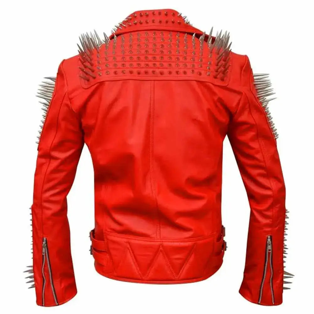 Unisex Punk Red Studded Leather Biker Jacket-1