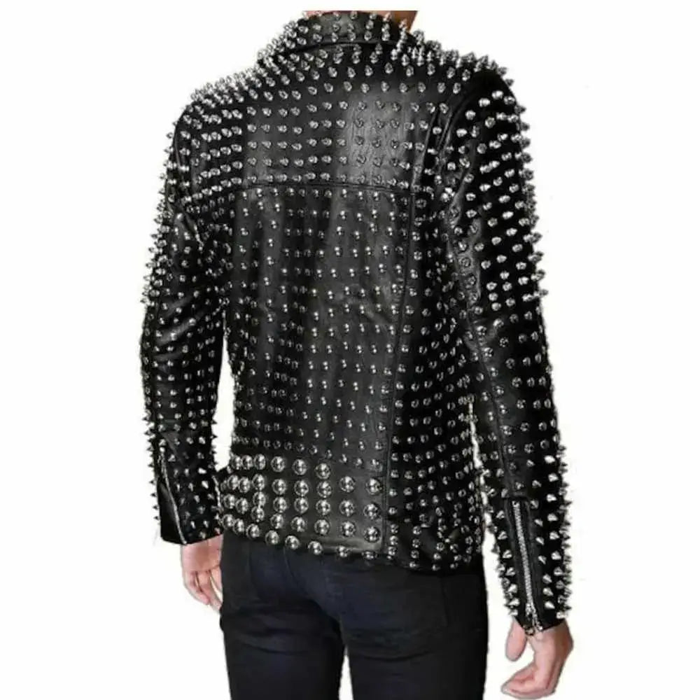 Men’s Silver Studded Brando Black Leather Punk Rock Jacket-2