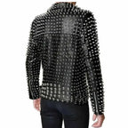 Men’s Silver Studded Brando Black Leather Punk Rock Jacket-2