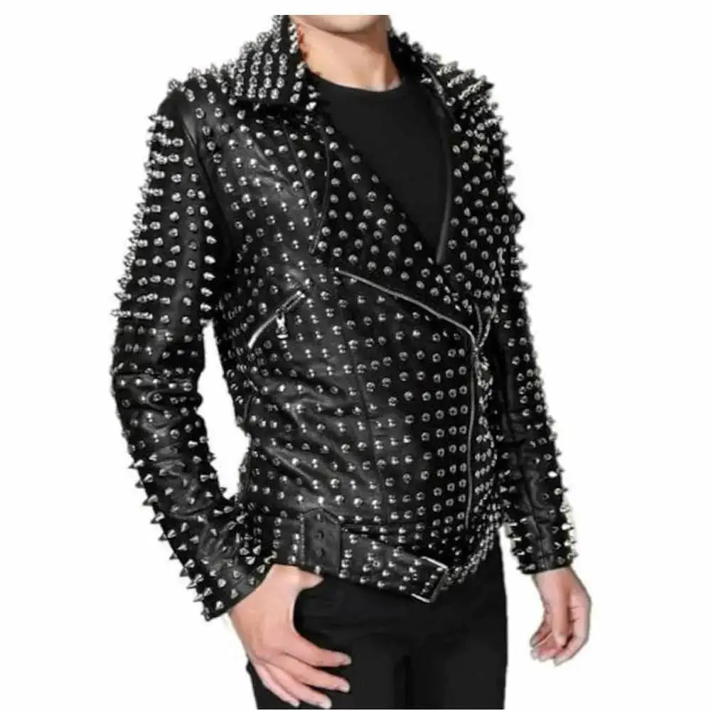 Men’s Silver Studded Brando Black Leather Punk Rock Jacket-0