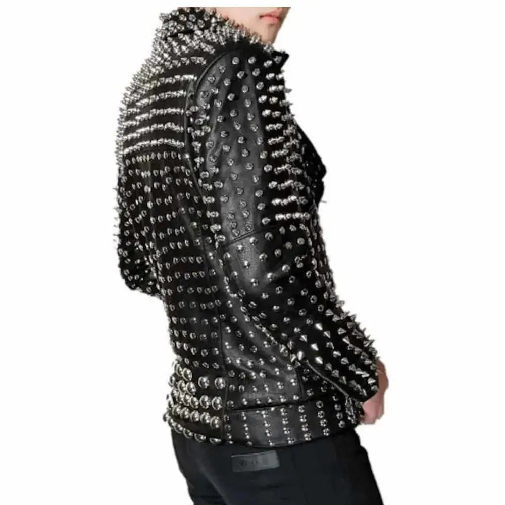 Men’s Silver Studded Brando Black Leather Punk Rock Jacket-1
