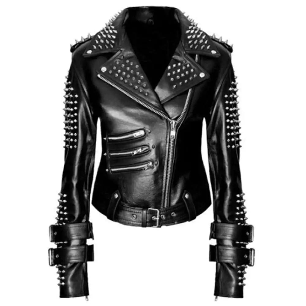 Women’s Punk Rock Black Studded & Spiked Leather Jacket-0