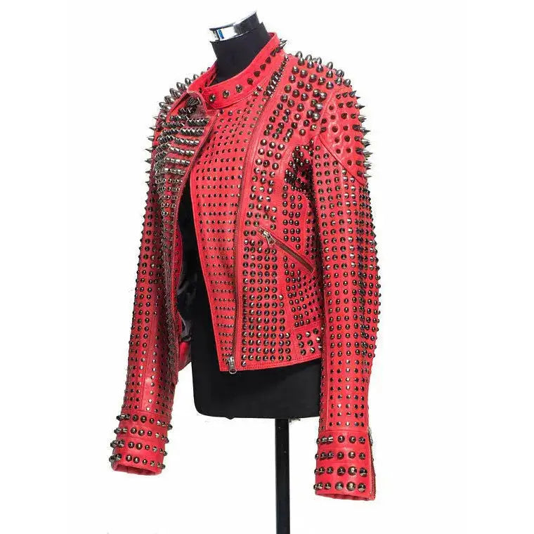 Women’s Red Studded Leather Jacket-2