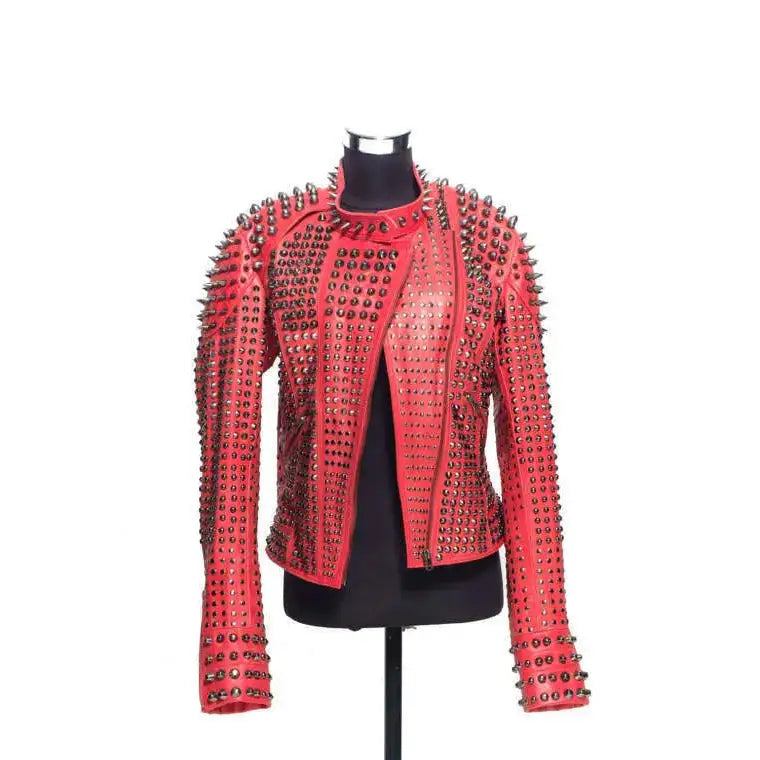 Women’s Red Studded Leather Jacket-0