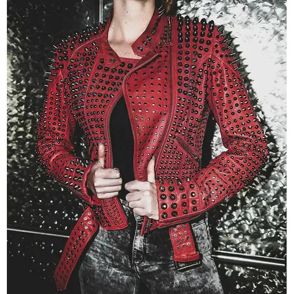 Women’s Red Studded Leather Jacket-1