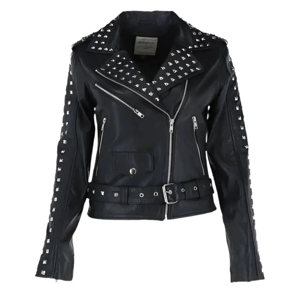 Womens Black Studded Leather Biker Jacket-0