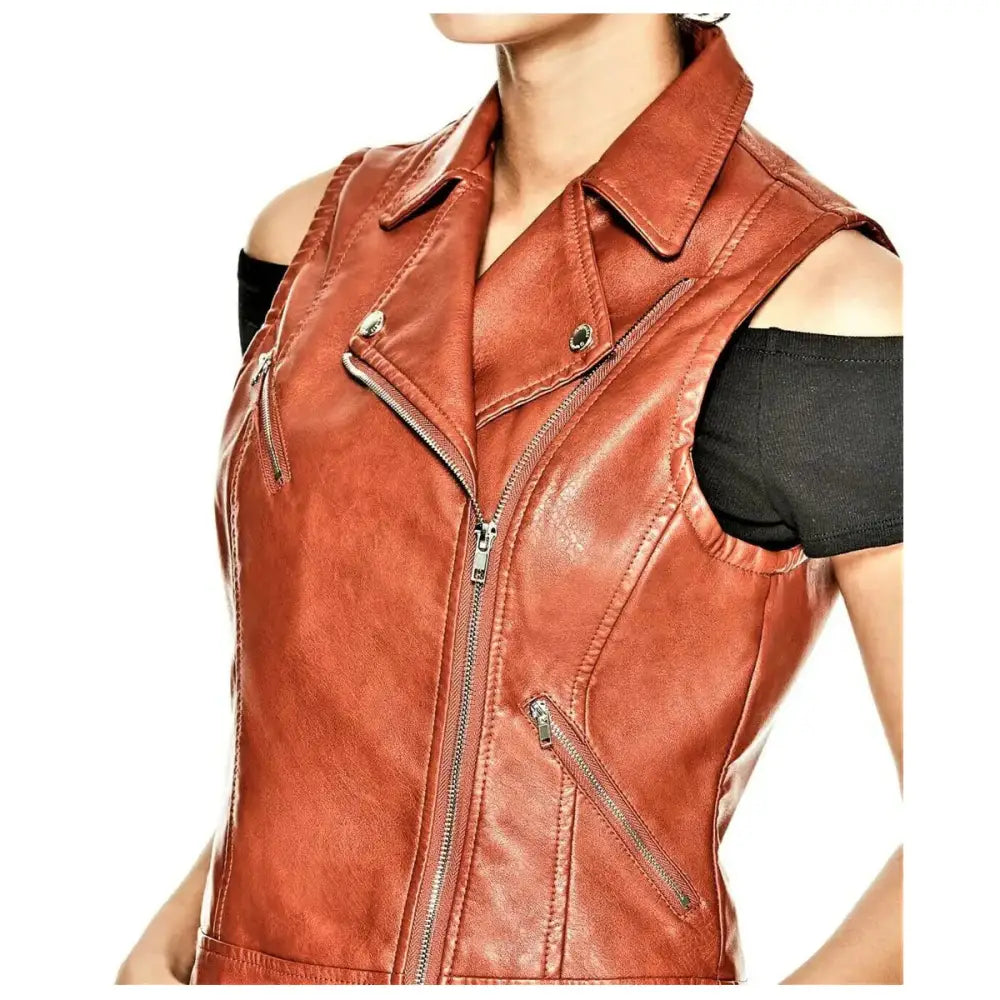Women's Rust Brown Genuine Leather Motorcycle Vest-2