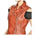 Women's Rust Brown Genuine Leather Motorcycle Vest-2