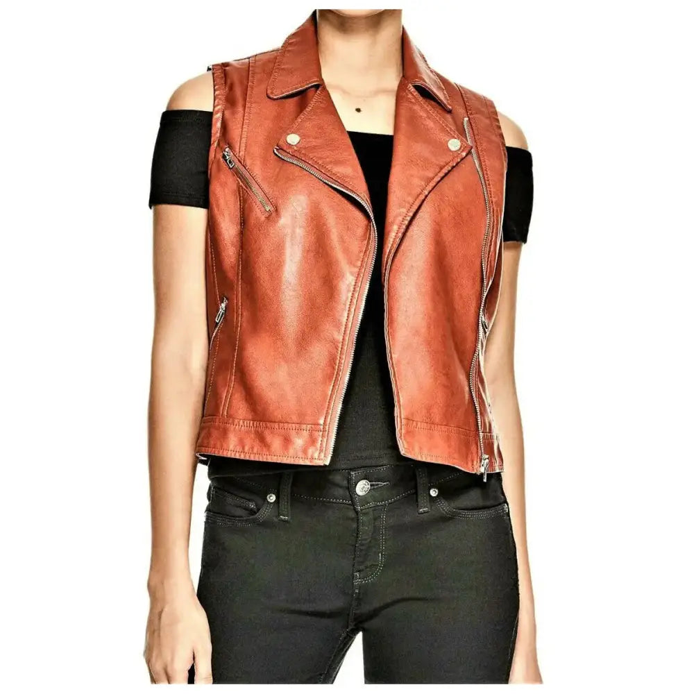 Women's Rust Brown Genuine Leather Motorcycle Vest-0