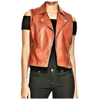 Women's Rust Brown Genuine Leather Motorcycle Vest-0