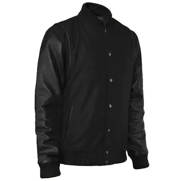 Noir Black Leather Varsity Jacket-1