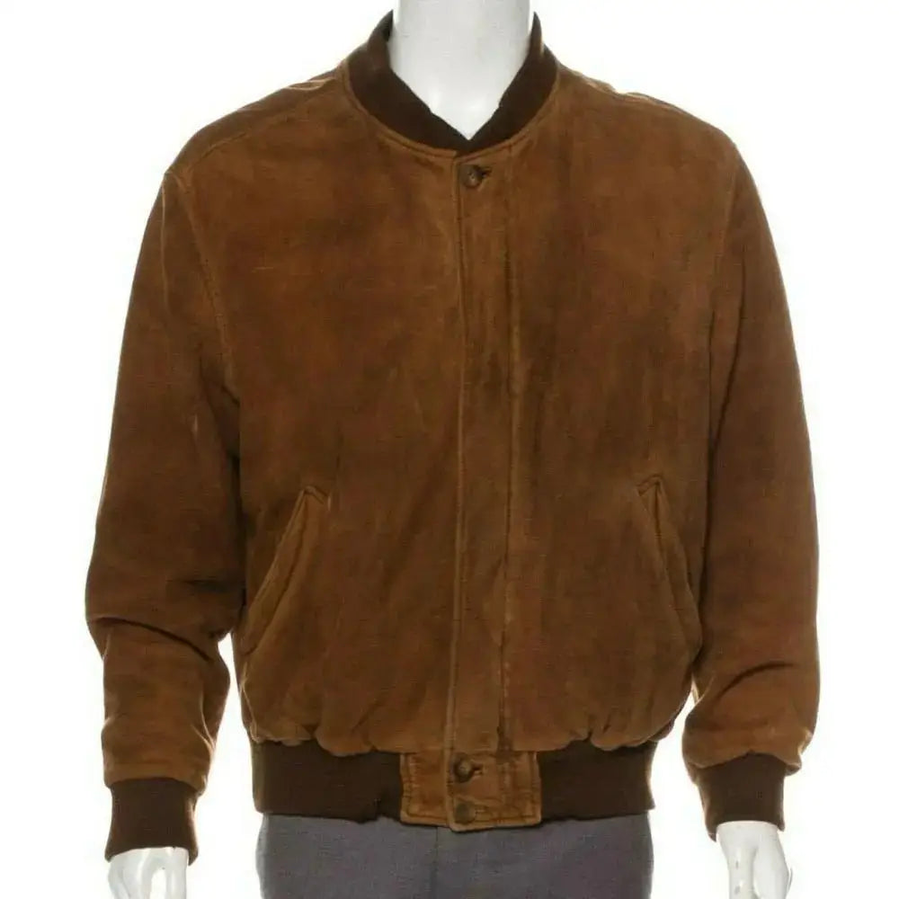 Men's Brown Suede Leather Bomber Jacket-0