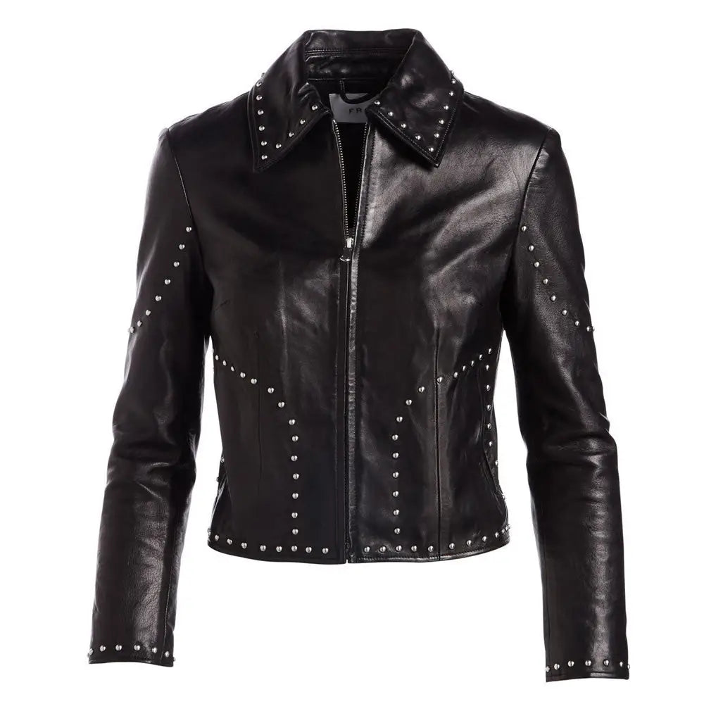 Women’s Stylish Studded Cropped Lambskin Leather Biker Jacket with Front Zip-1
