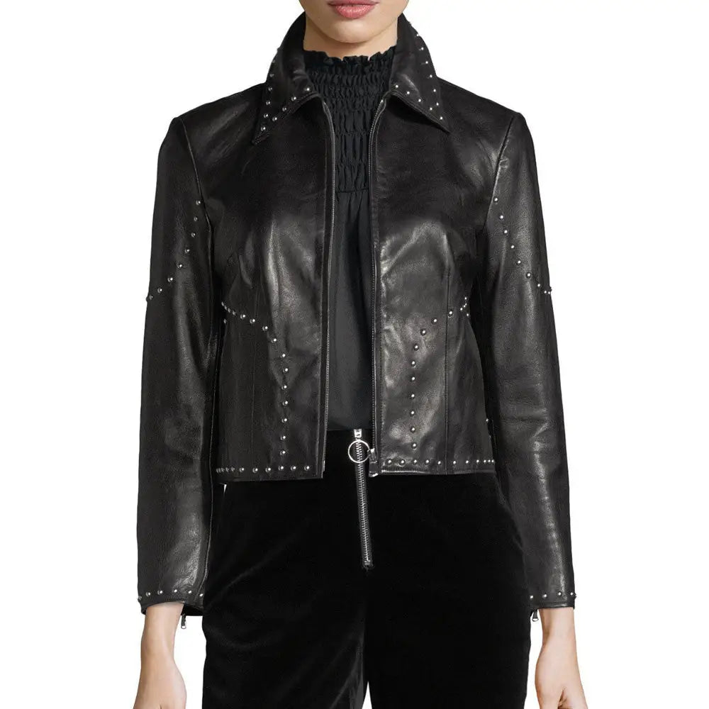 Women’s Stylish Studded Cropped Lambskin Leather Biker Jacket with Front Zip-0