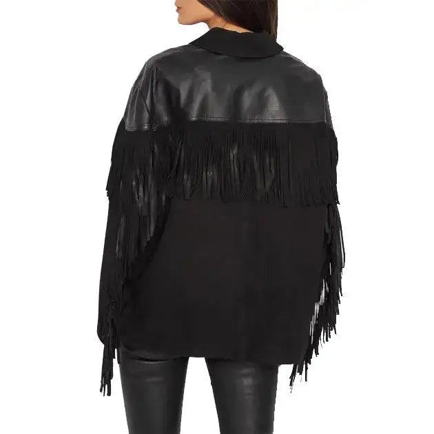 Women's Suede Fringe Jacket with Leather Shoulders – Western Cowgirl Shirt-1