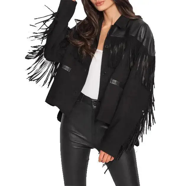 Women's Suede Fringe Jacket with Leather Shoulders – Western Cowgirl Shirt-0