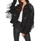 Women's Suede Fringe Jacket with Leather Shoulders – Western Cowgirl Shirt-0