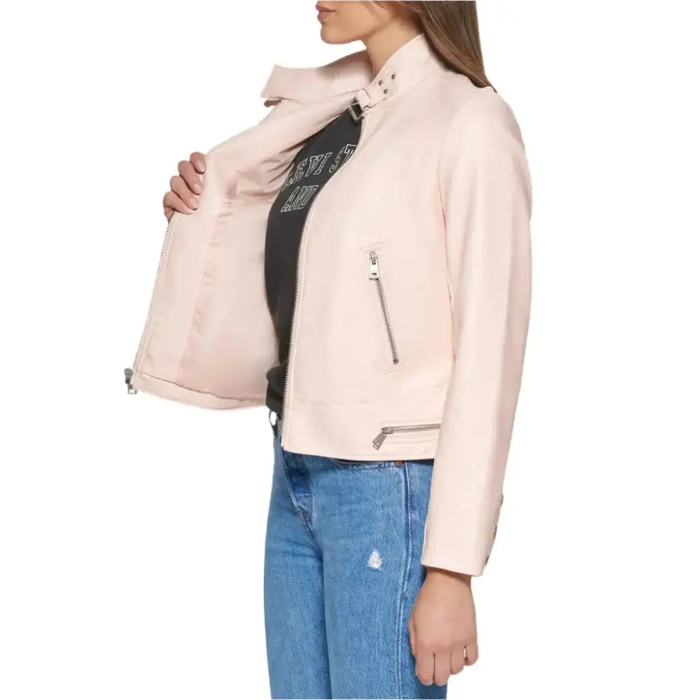 Women's Powder Pink Racer Leather Jacket-2