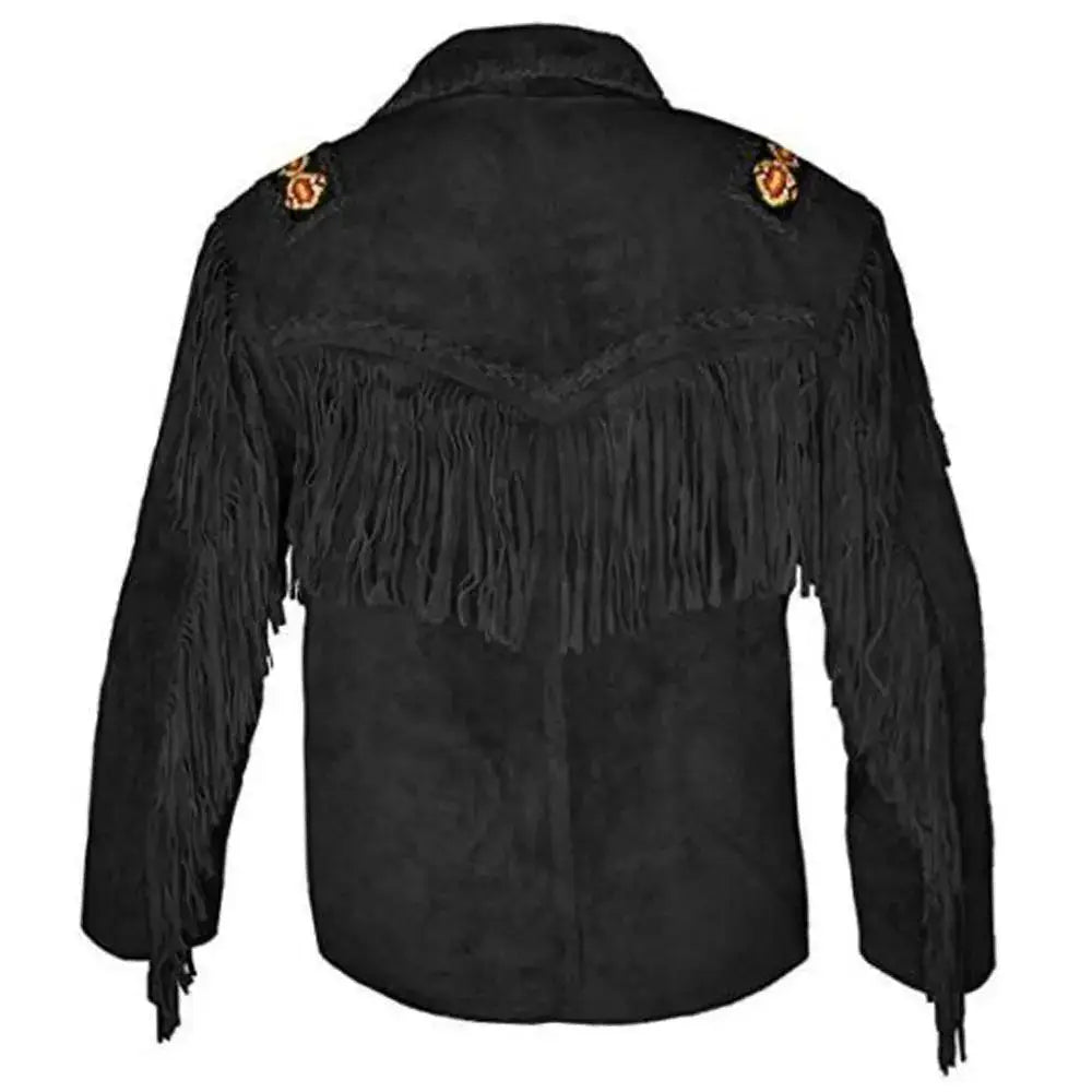 Men's Black Suede Western Fringe Leather Jacket-1
